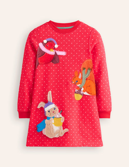 Sweatshirt Appliqué Dress-Rose Pink Pin Spot Animals