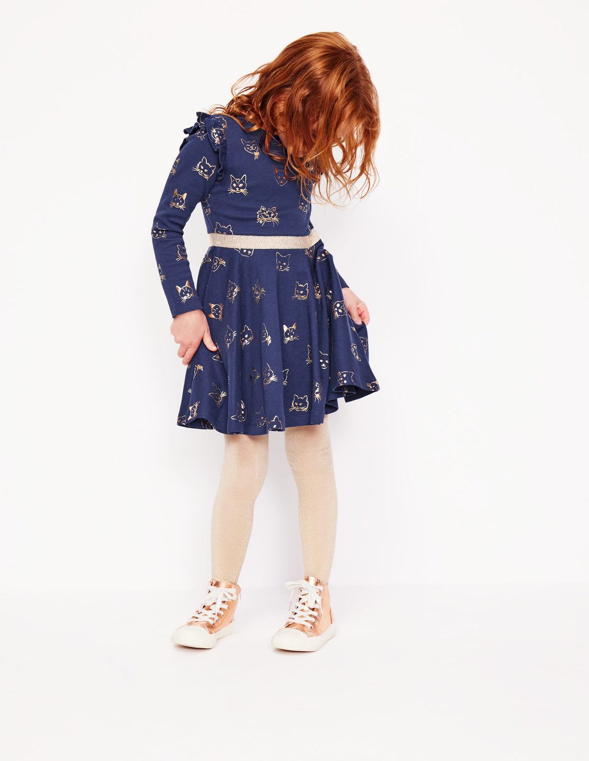 Mabel Twirly Ballerina Dress-College Navy Gold Foil Cats - Image 1