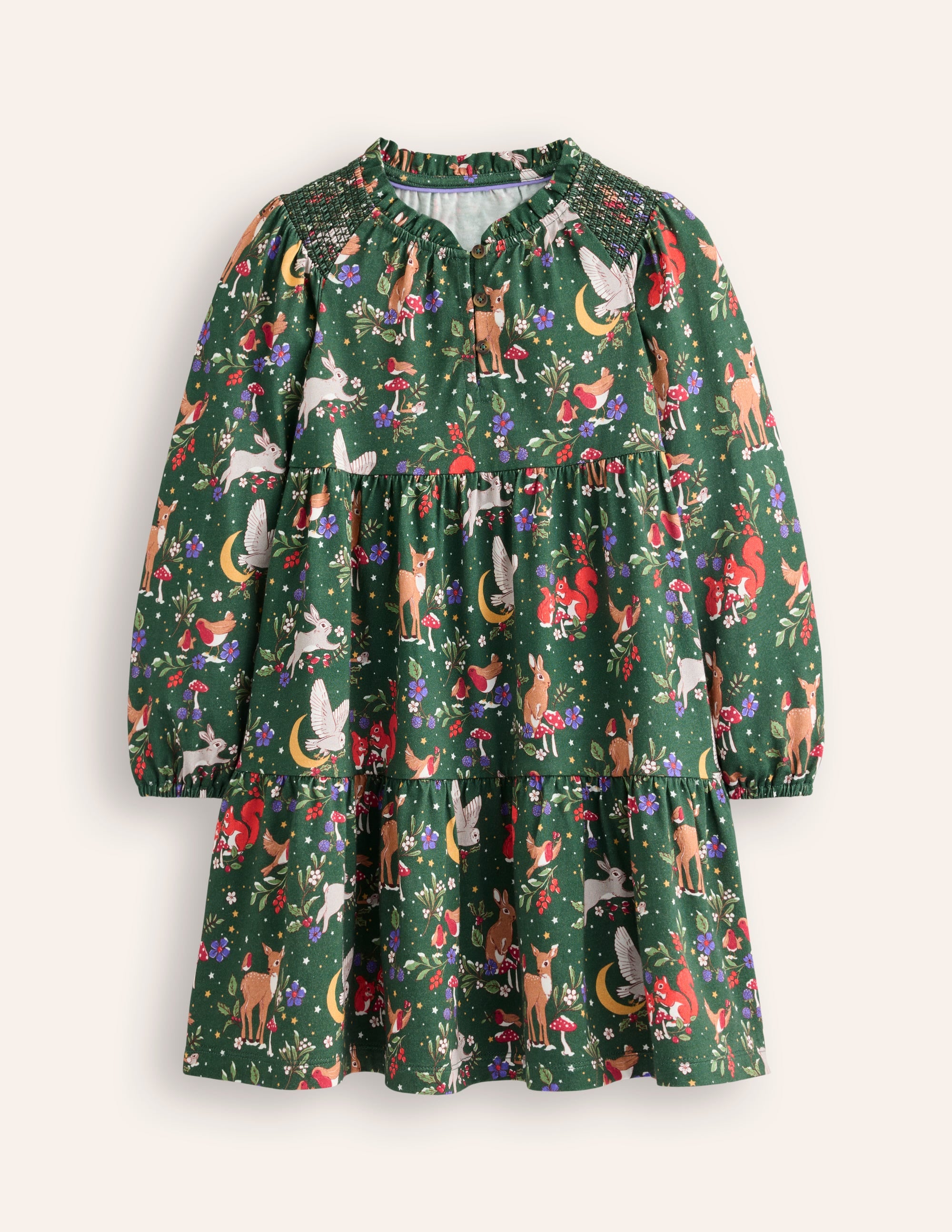 Katherine Tiered Jersey Dress-Pine Festive Woodland - Image 1
