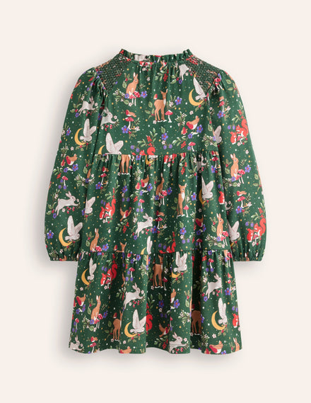 Katherine Tiered Jersey Dress-Pine Festive Woodland