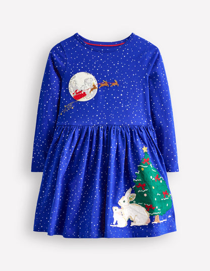 Appliqué Hem Jersey Dress-Soft Starboard Blue Christmas