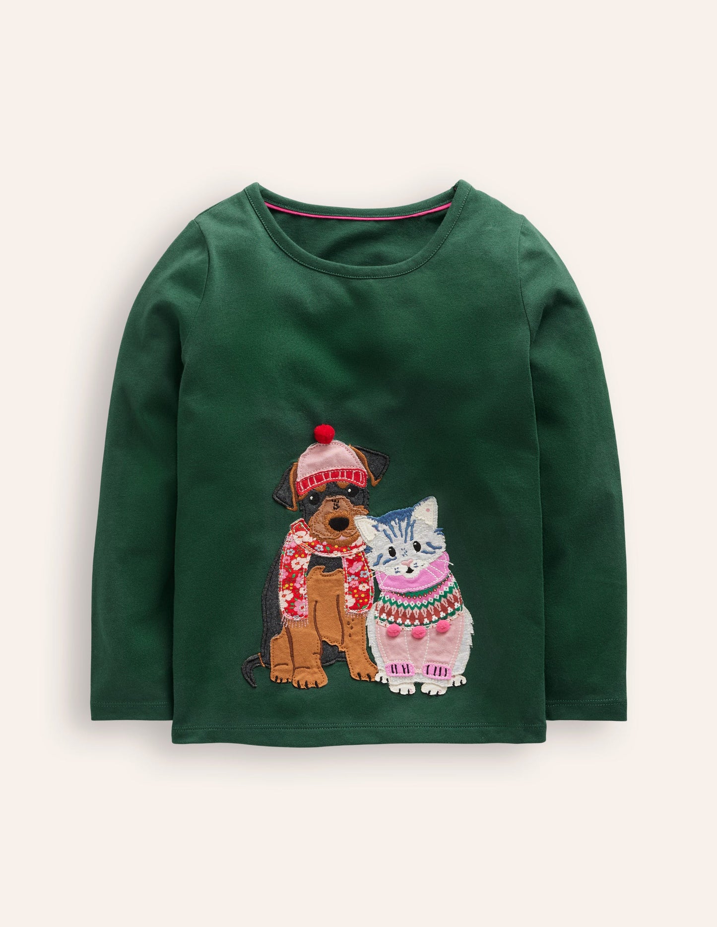 Appliqué Long Sleeve Top-Jewel Green Winter Friends