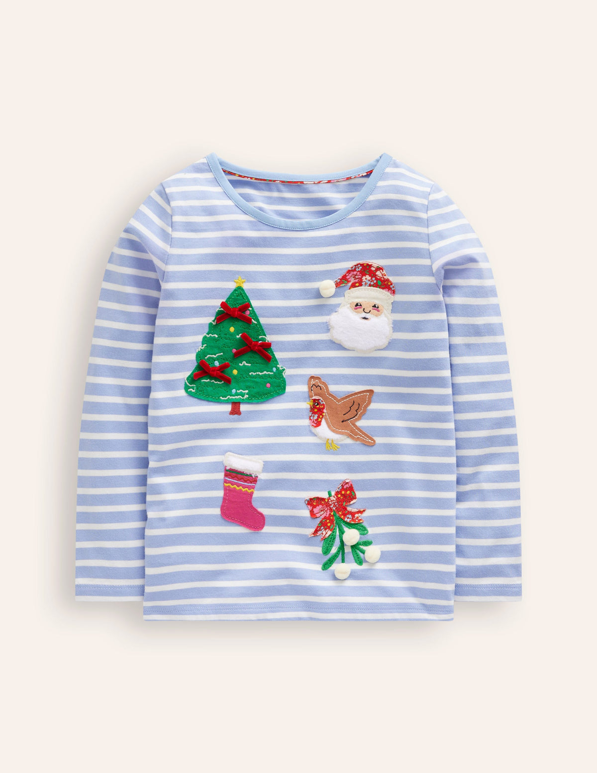 Appliqué Long Sleeve Top-Ivory/ Vintage Blue Festive - Image 1