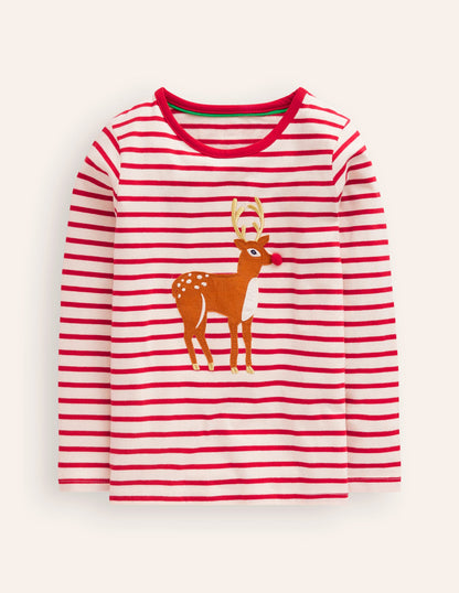 Appliqué Long Sleeve Top-Rockabilly Red/ Ivory Deer