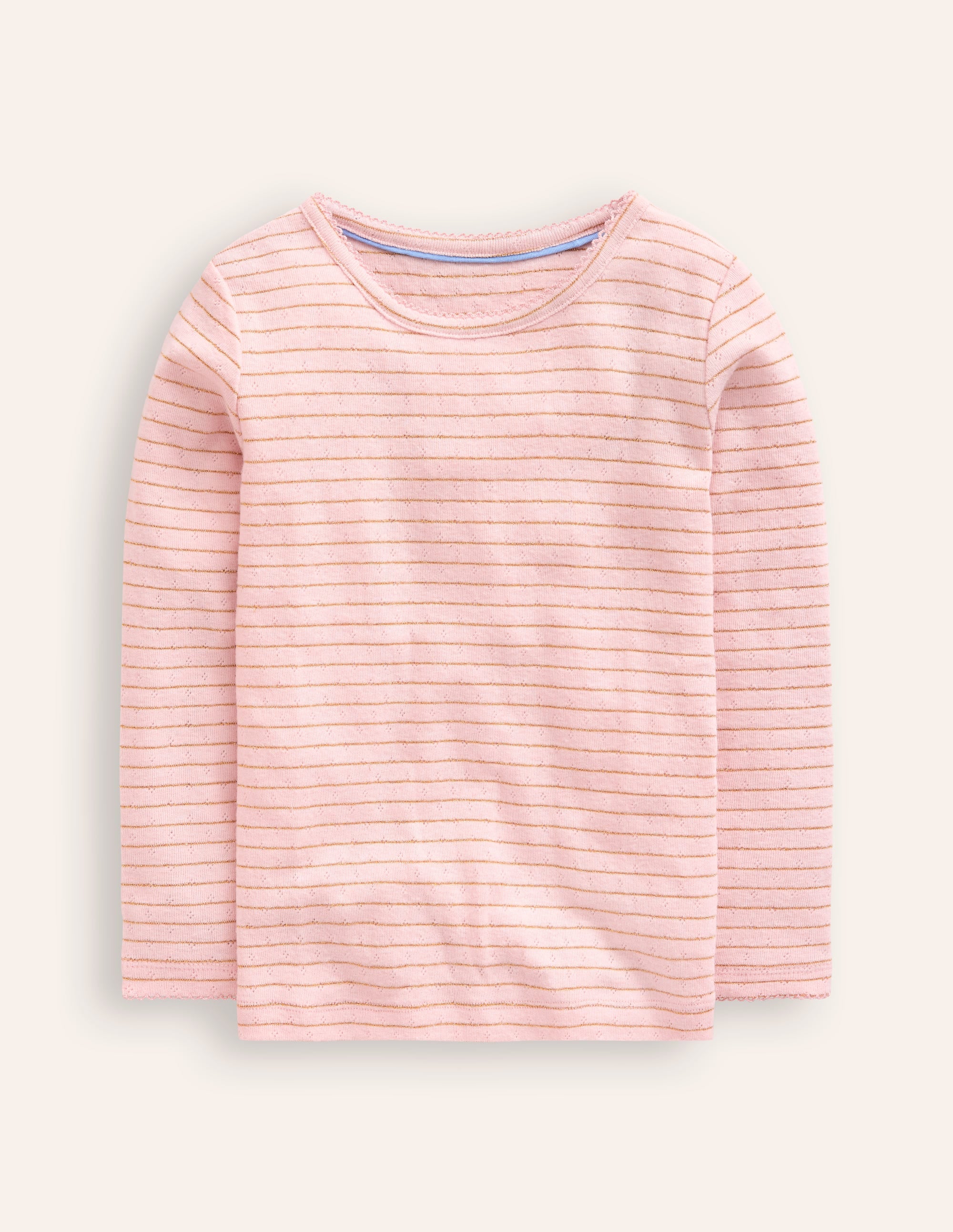 Long Sleeve Pointelle Top-Chalk Pink/ Gold Lurex Stripe - Image 1