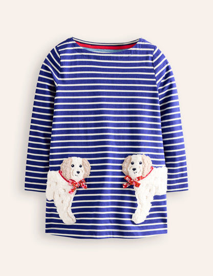 Long Sleeve Appliqué Tunic-Starboard Blue/ Ivory Dogs