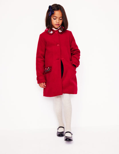 Wonderful Wool Blended Coat-Royal Red Embroidery