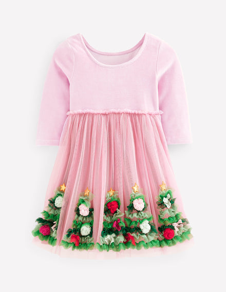 Velvet Tulle Appliqué Dress-Vintage Pink Christmas Trees