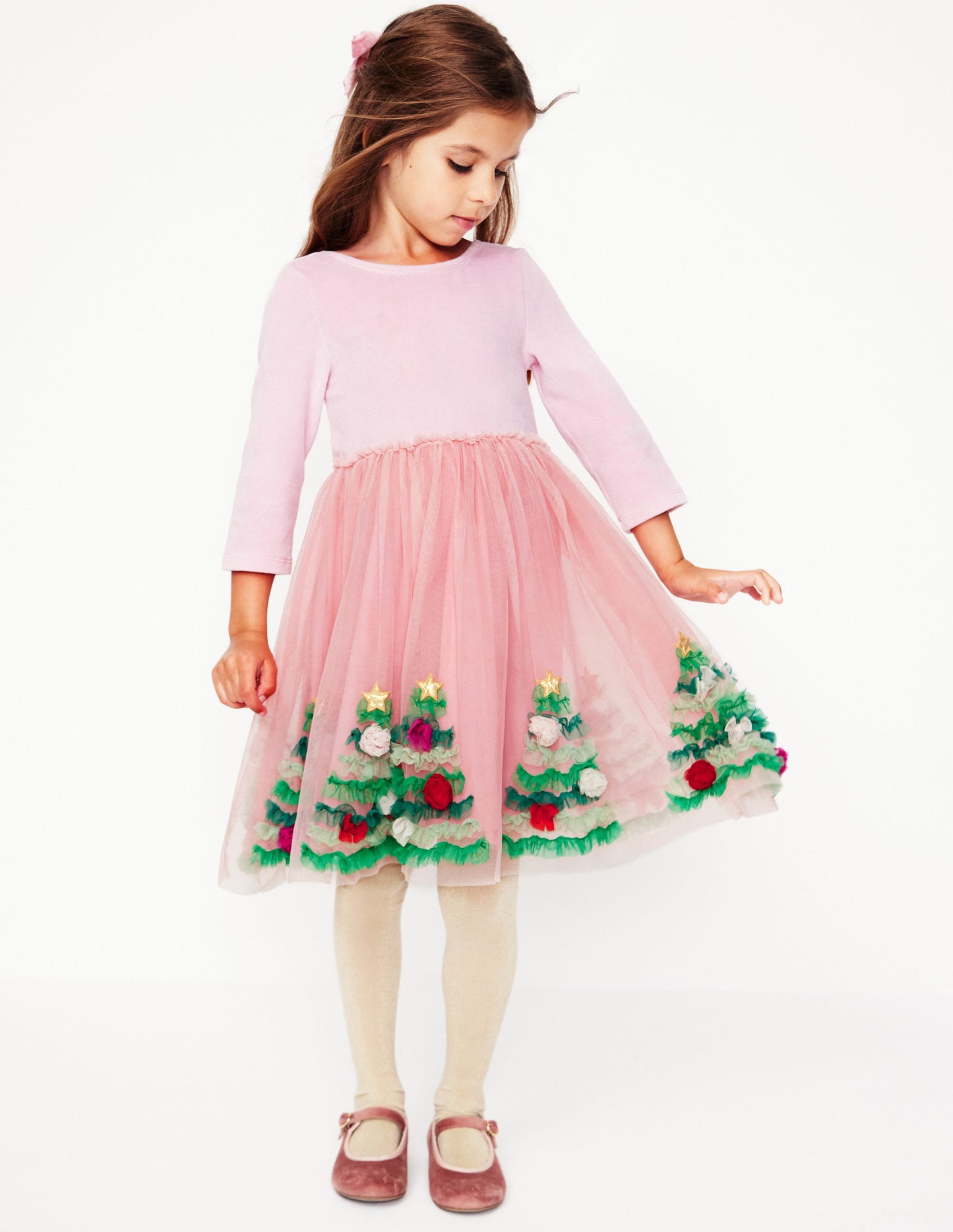 Velvet Tulle Appliqué Dress-Vintage Pink Christmas Trees