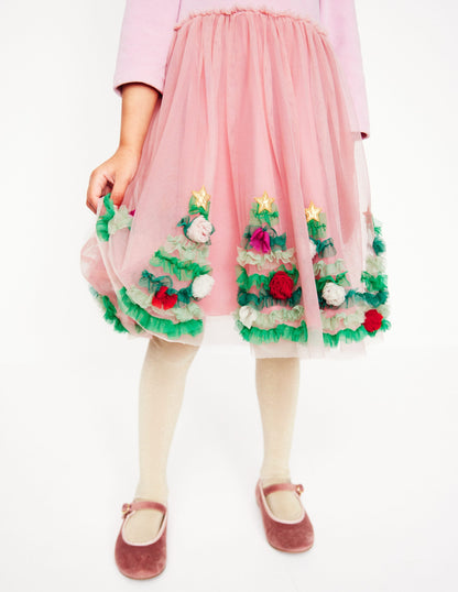 Velvet Tulle Appliqué Dress-Vintage Pink Christmas Trees