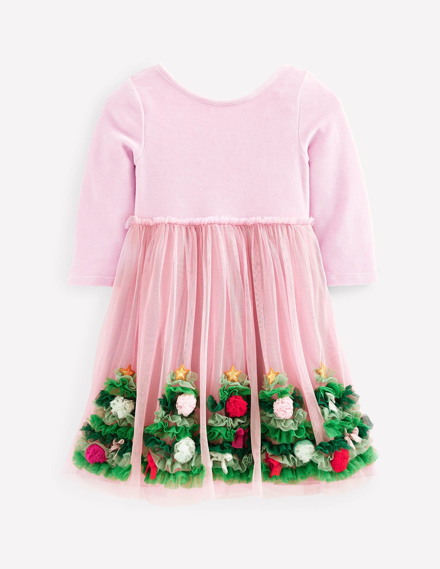 Velvet Tulle Appliqué Dress-Vintage Pink Christmas Trees