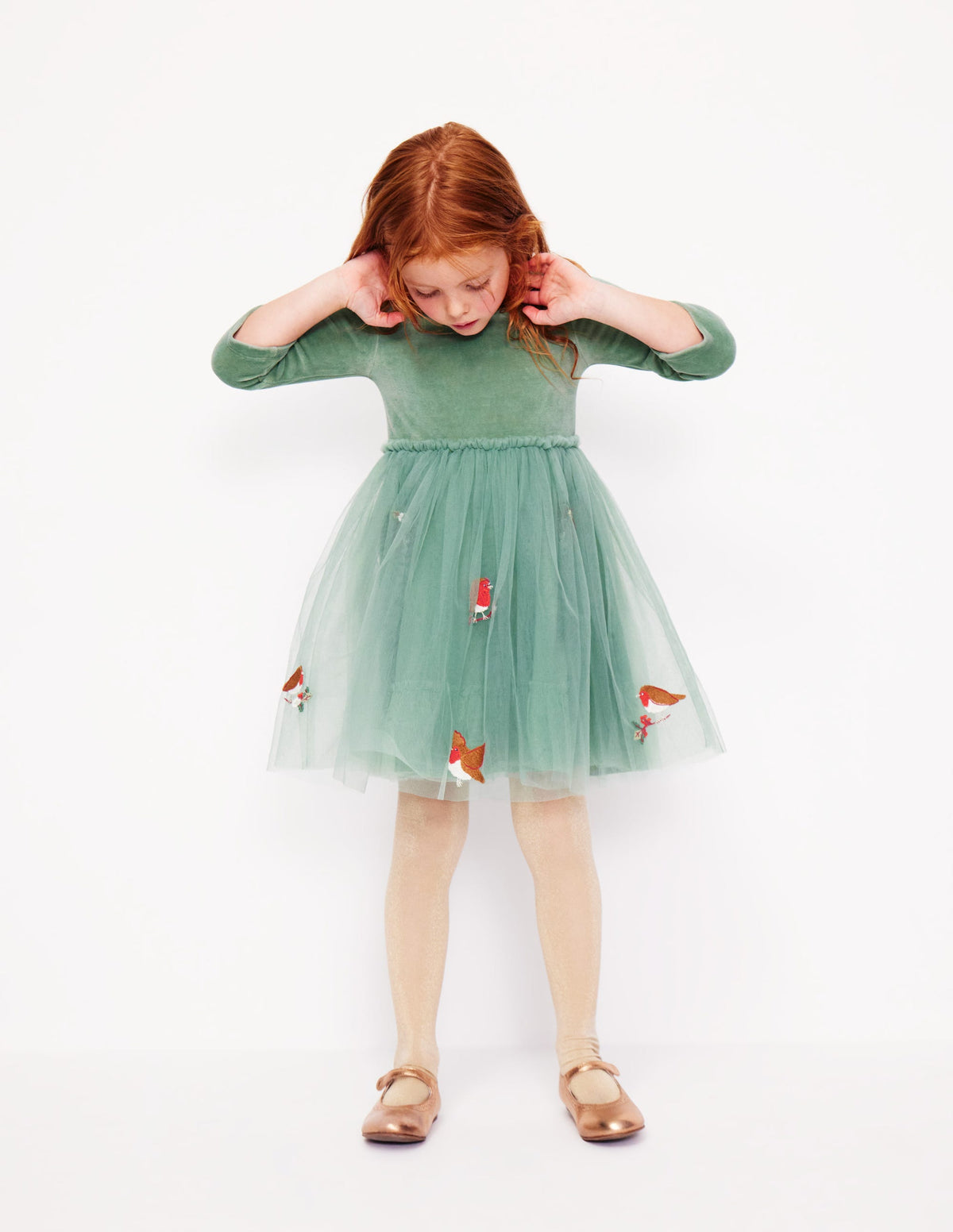 Velvet Tulle Appliqué Dress-Eucalyptus Robins - Image 1