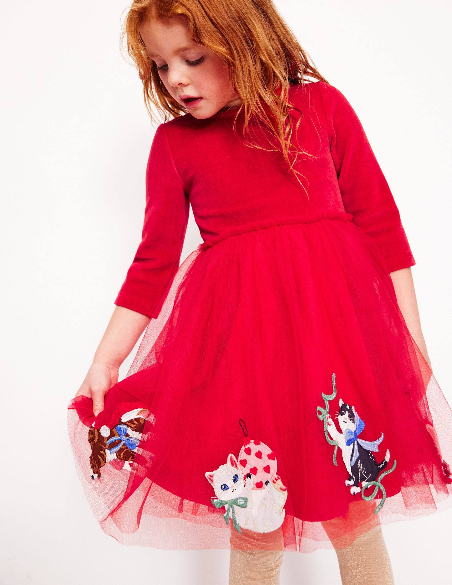Velvet Tulle Appliqué Dress-Rouge Red Cats