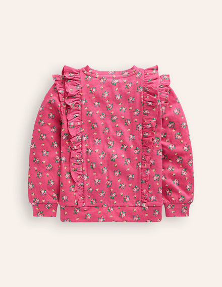 Frill Printed Sweatshirt-Rose Petal Pink Floral Bouquet