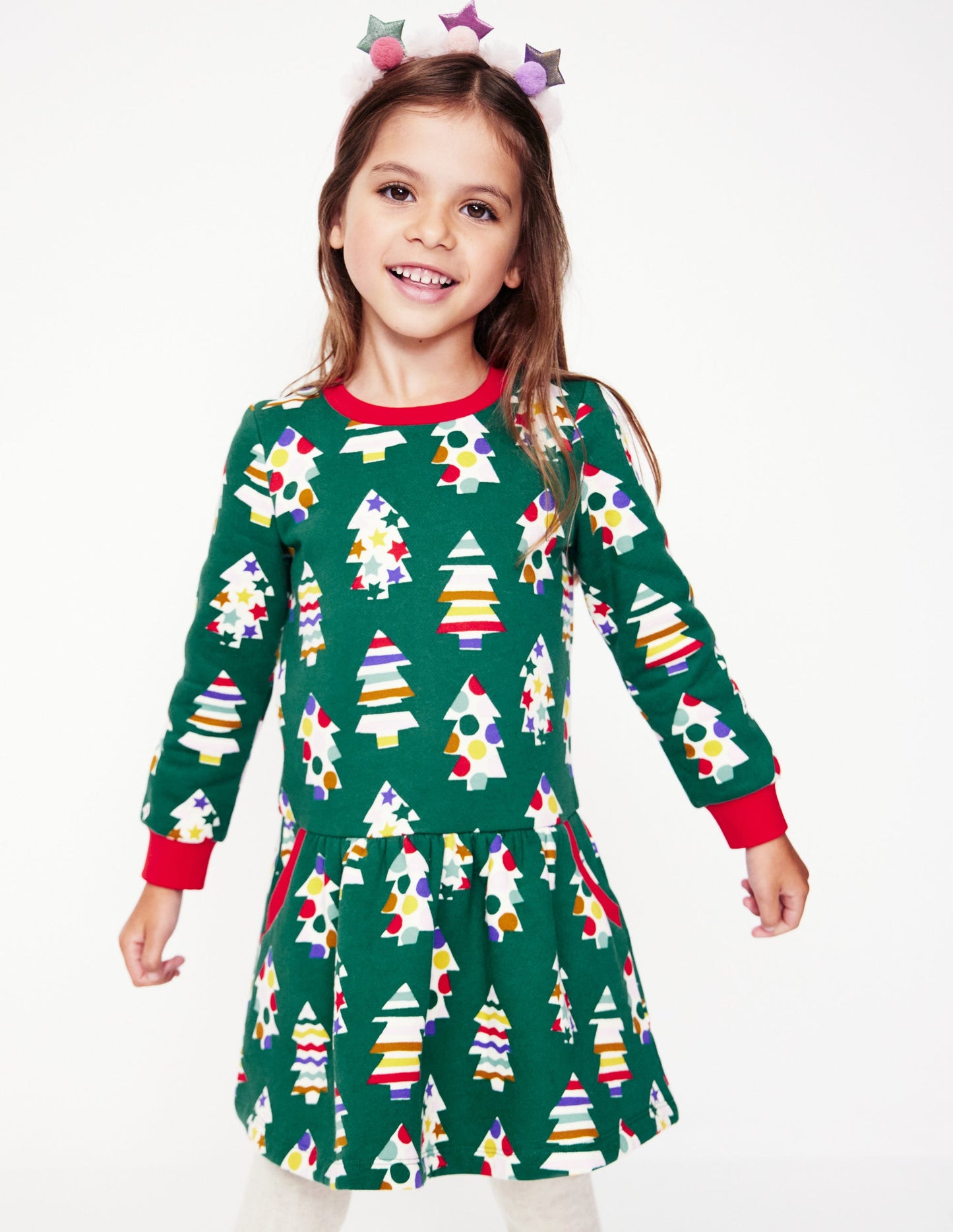 Cosy Printed Sweatshirt Dress-Jewel Green Christmas Trees