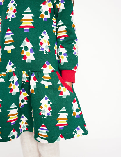 Cosy Printed Sweatshirt Dress-Jewel Green Christmas Trees