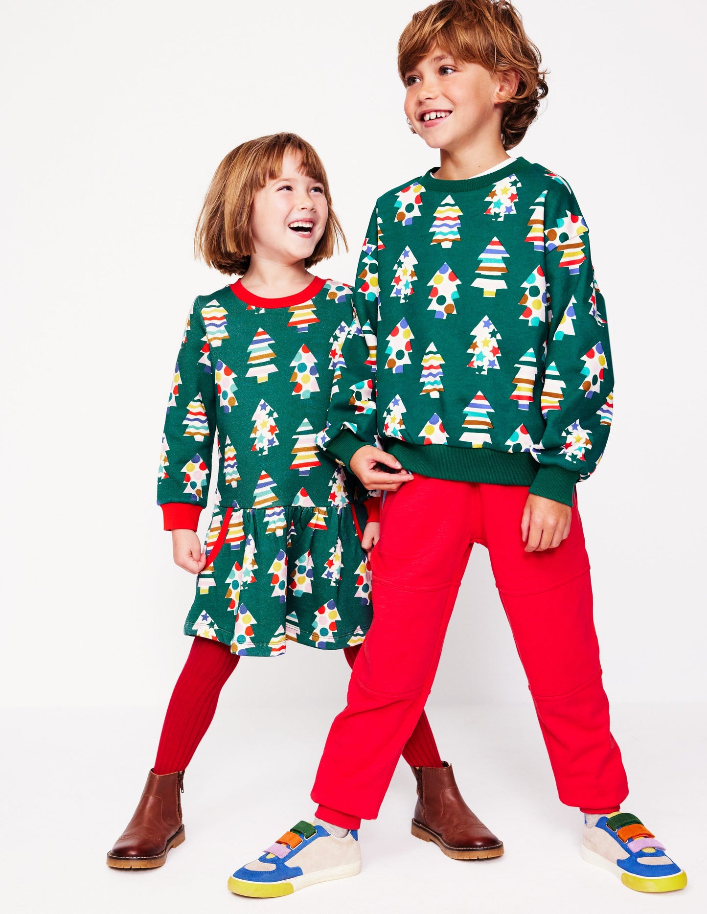 Cosy Printed Sweatshirt Dress-Jewel Green Christmas Trees