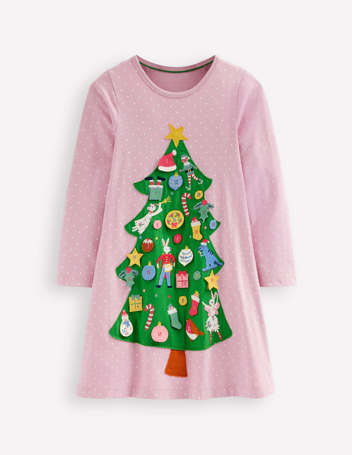 Advent Calendar Appliqué Dress-Vintage Pink Christmas Tree - Image 1