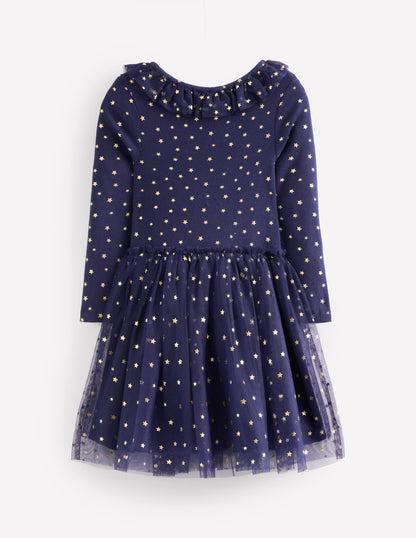 Rose Twirly Tulle Dress-College Navy Gold Stars