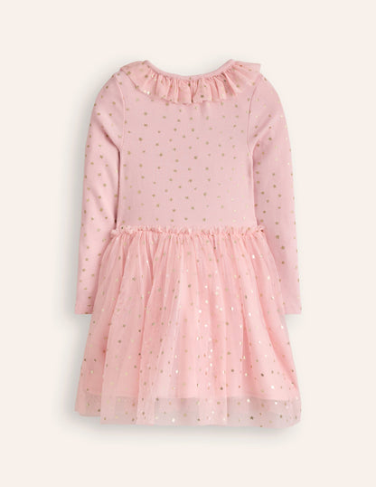 Rose Twirly Tulle Dress-Chalk Pink Multi Rainbow Stars