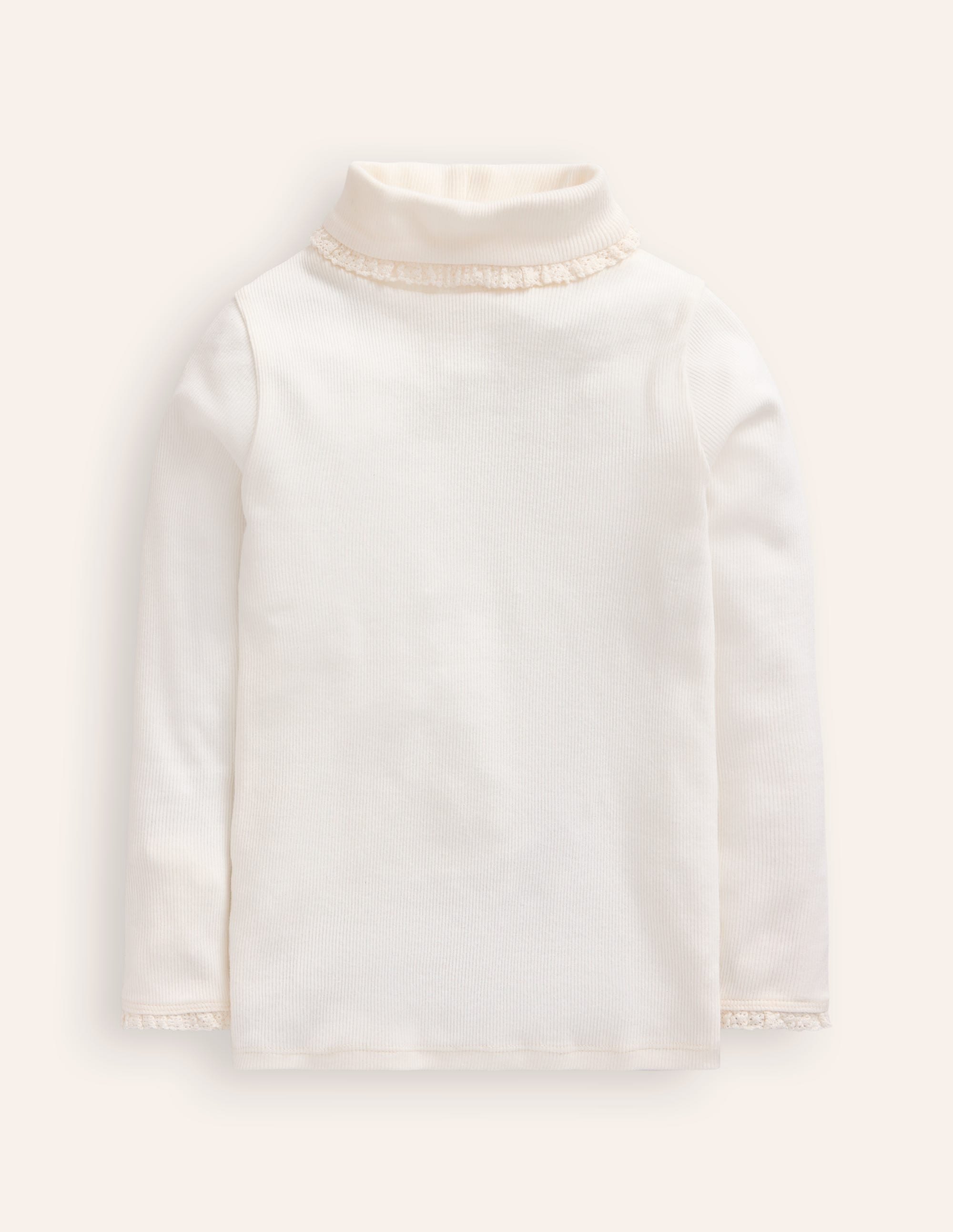 Ribbed Lace Trim Roll Neck-Ivory - Image 1