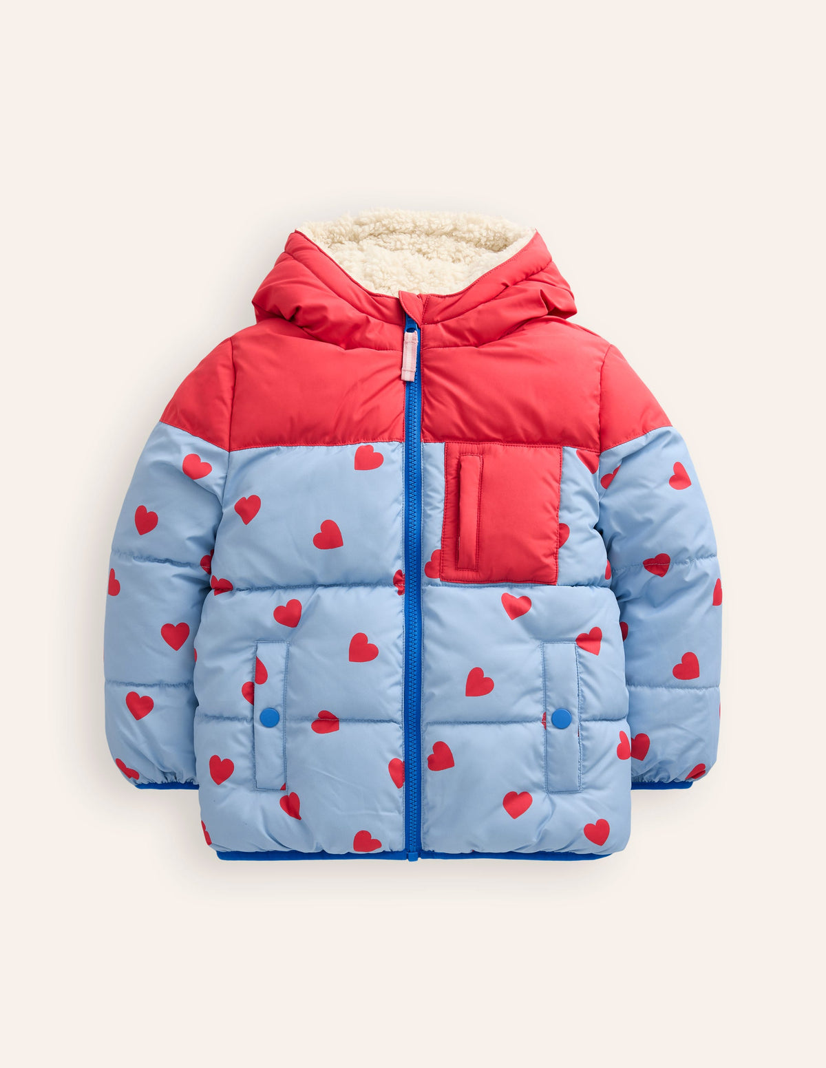 Reversible Cosy Borg Coat-Blue/Red Ditsy Hearts - Image 1