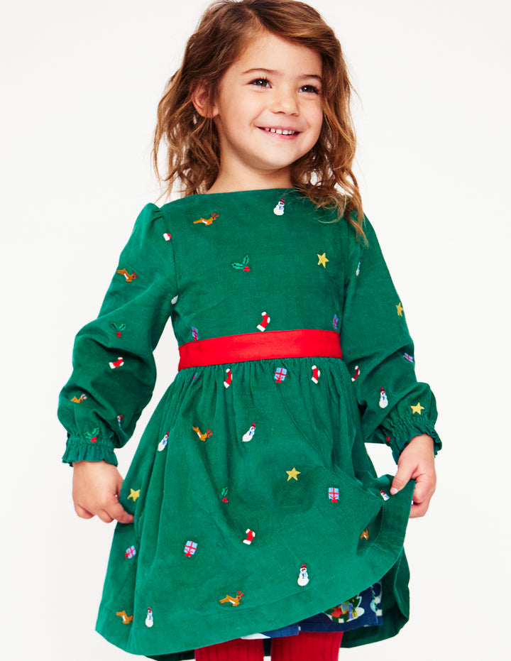 Peggy Cord Party Dress-Jewel Green Festive Embroidery