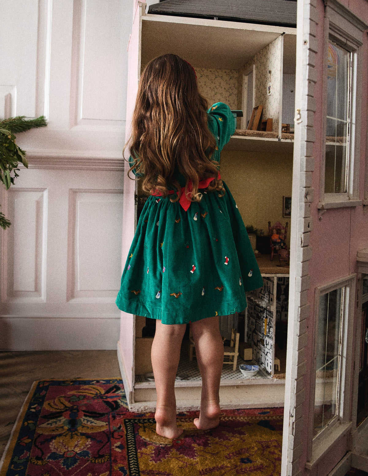 Peggy Cord Party Dress-Jewel Green Festive Embroidery-10