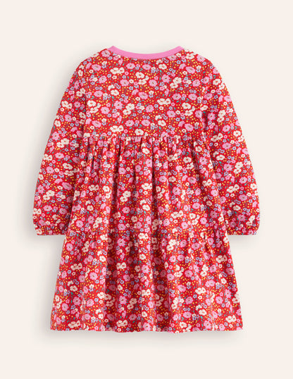 Dixie Tiered Sweatshirt Dress-Brilliant Red Flowerbed