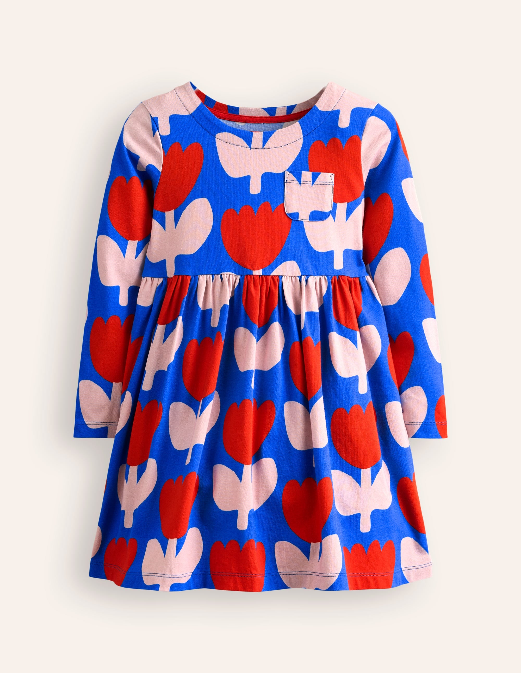 Long-Sleeved Fun Jersey Dress-Kingfisher Blue Bold Floral - Image 1