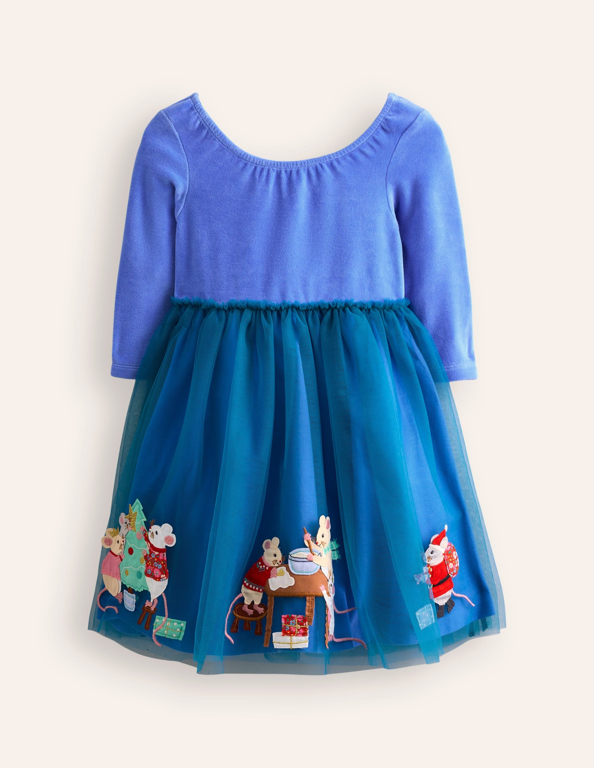 Velvet Tulle Appliqué Dress-Bluejay Festive Mice - Image 1