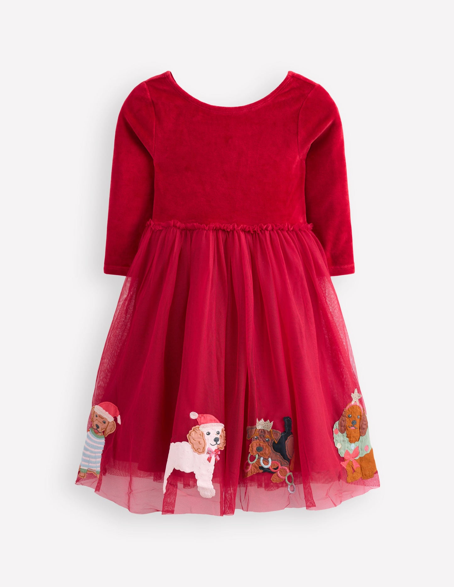 Velvet Tulle Appliqué Dress-Carmine Red Festive Dogs