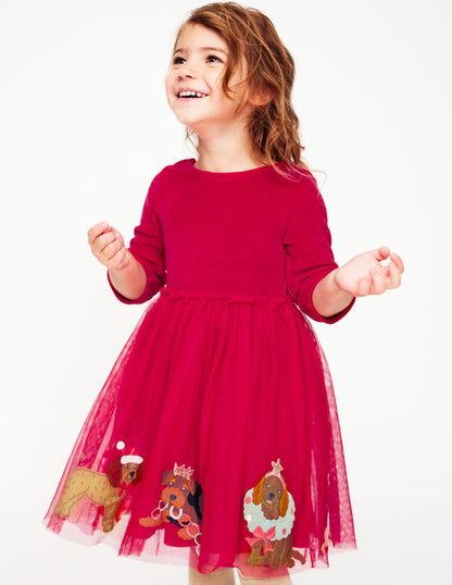 Velvet Tulle Appliqué Dress-Carmine Red Festive Dogs