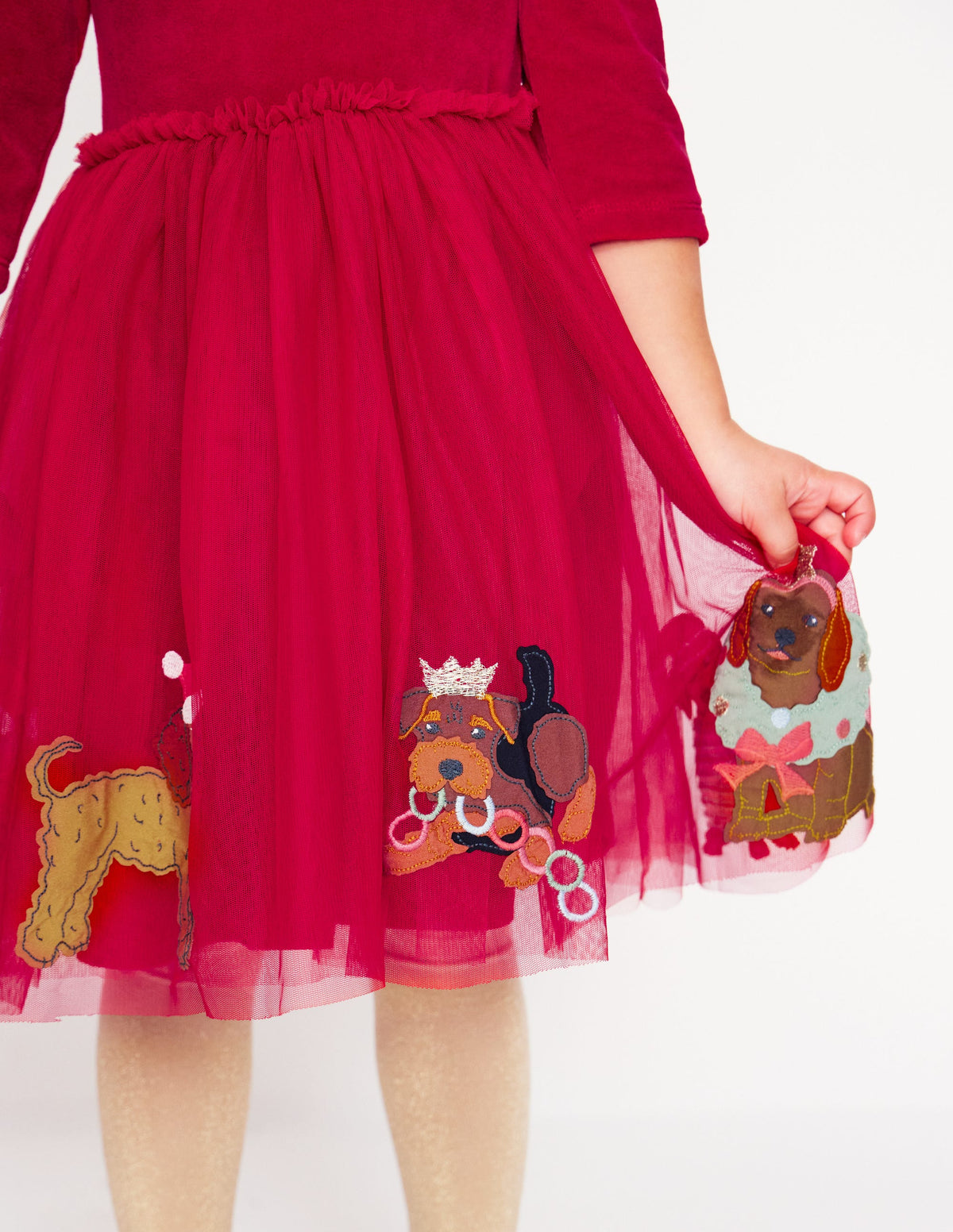 Velvet Tulle Appliqué Dress-Carmine Red Festive Dogs - Image 3