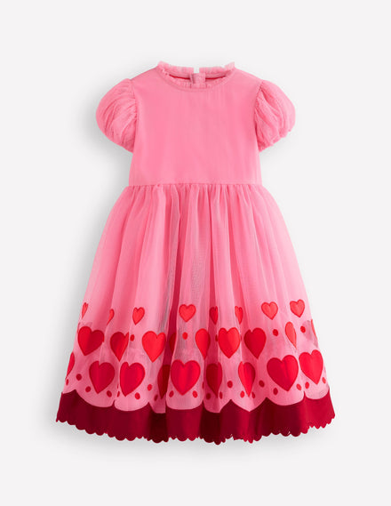 Appliqué Hem Tulle Dress-Bubblegum Pink Hearts