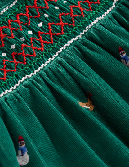 Woven Party Dress-Jewel Green Embroidery