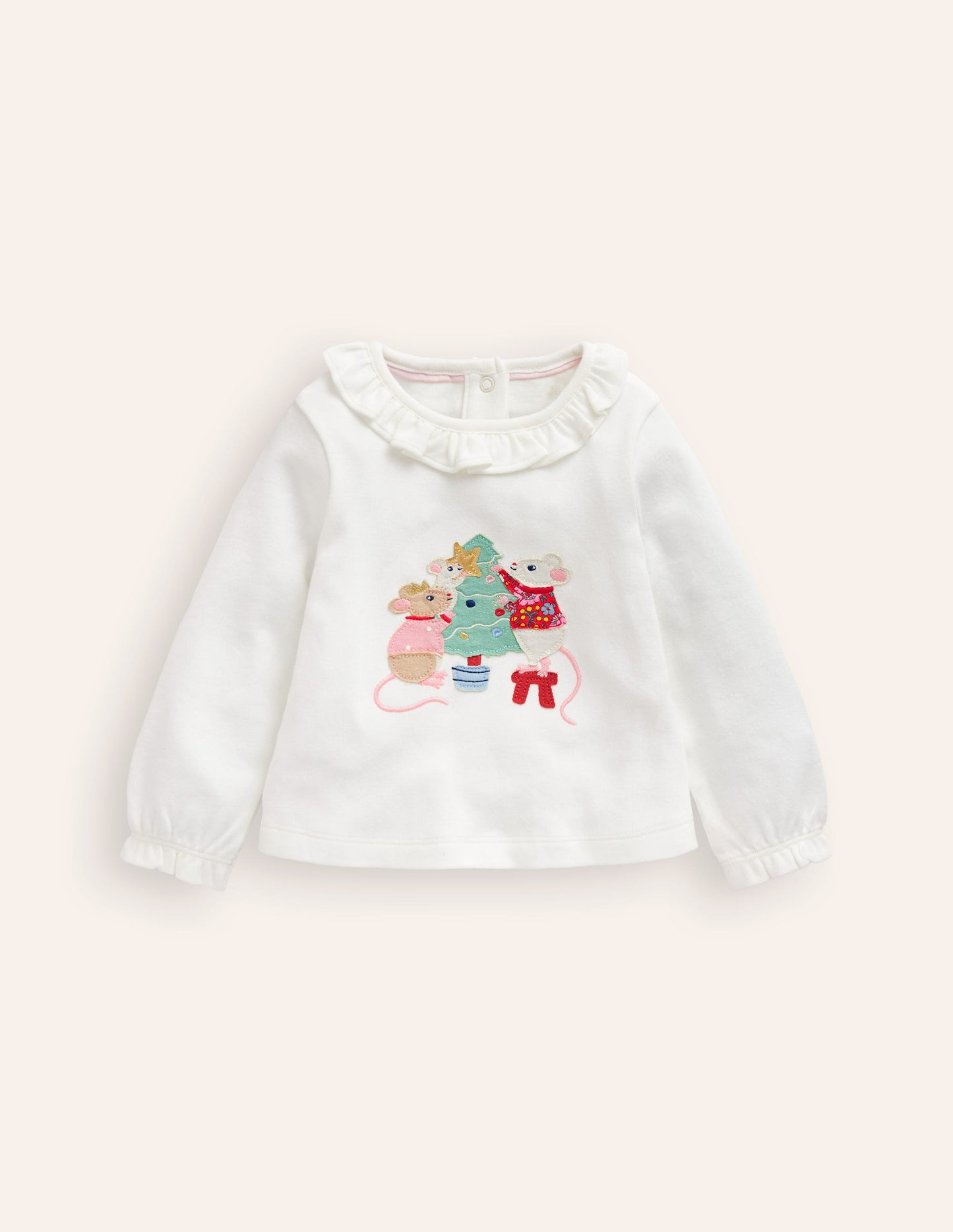 Ruffle neck T-shirt-Ivory Mice