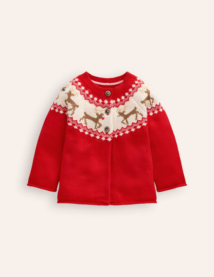 Edie Fair Isle Cardigan-Poppy red Reindeer