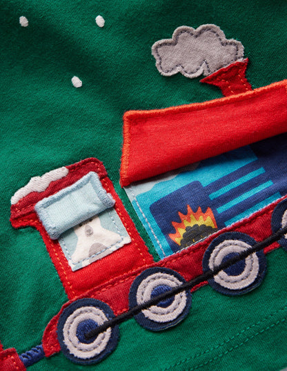 Long Sleeve Applique T-shirt-Jewel Green Train-3