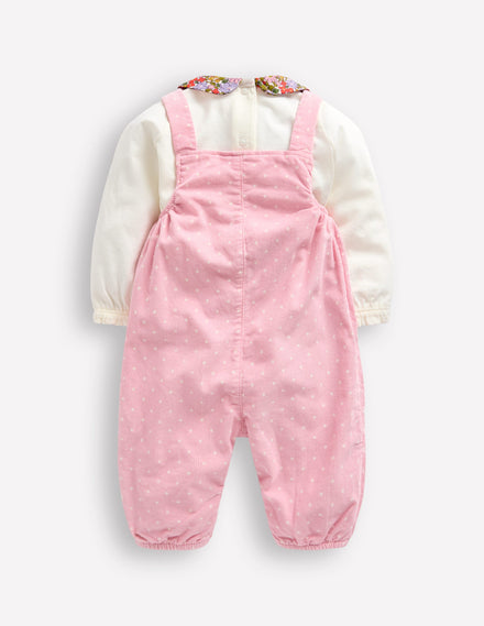 Cord Dungaree Set-Almond Pink Pin Spot Bunny