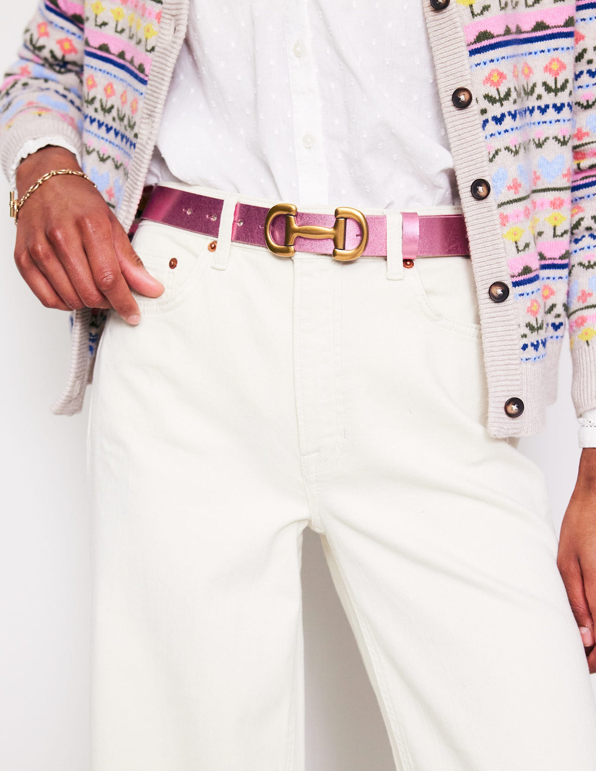 Iris Snaffle-Trim Leather Belt-Pink Peacock Metallic - Image 1