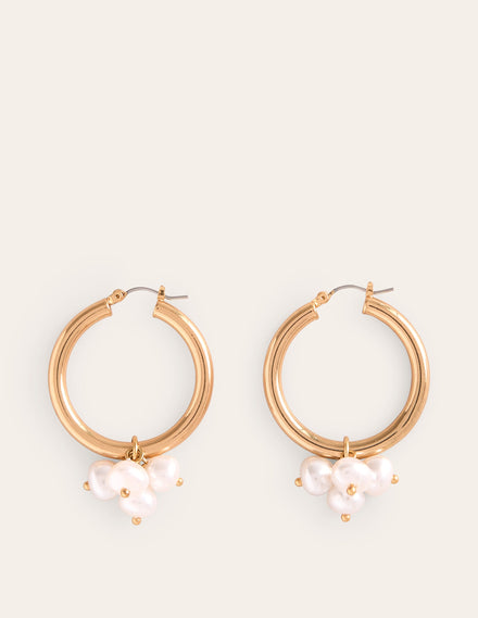 Faux Pearl Cluster Hoops-Gold