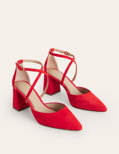 Strap Block Heel Point Courts-Red Suede