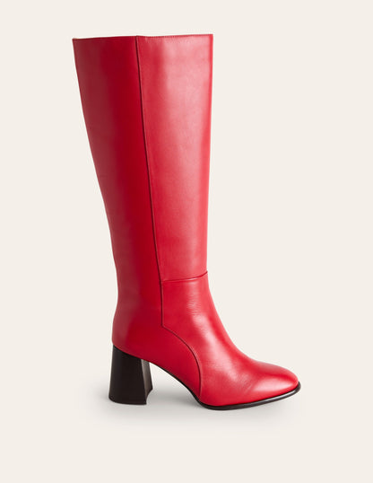 Heeled Leather Knee Boots-Red