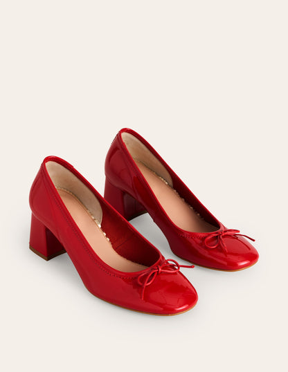 Block Heel Ballet Pumps-Red Leather