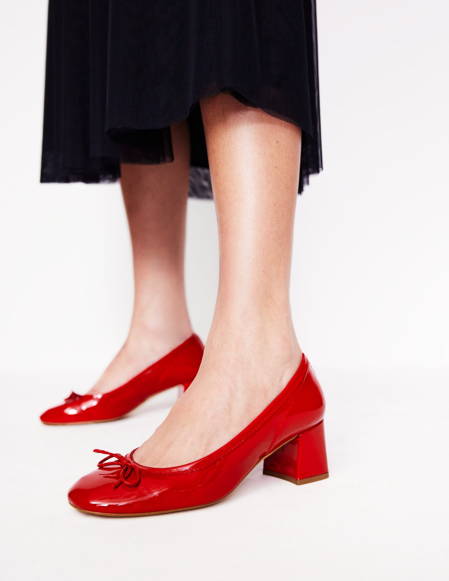 Block Heel Ballet Pumps-Red Leather