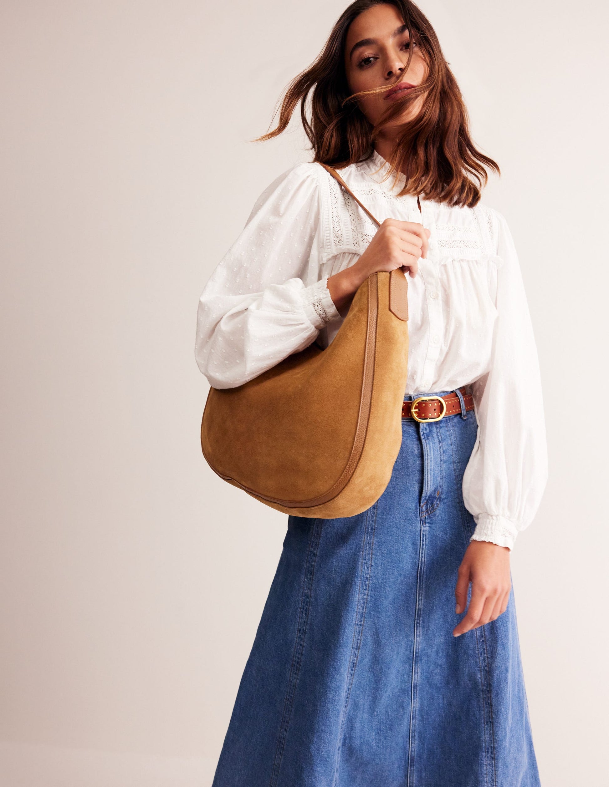 Suede Hobo Bag-Tan-2