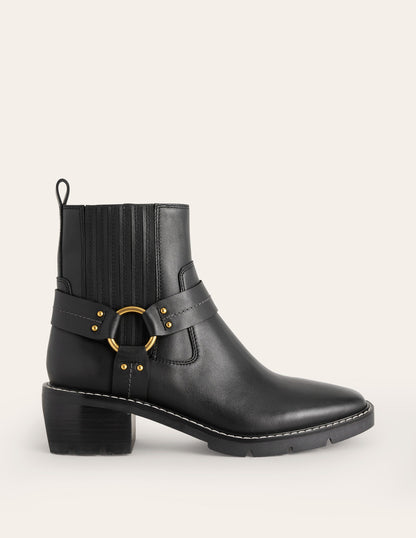 Harness Detail Biker Boots-Black Leather