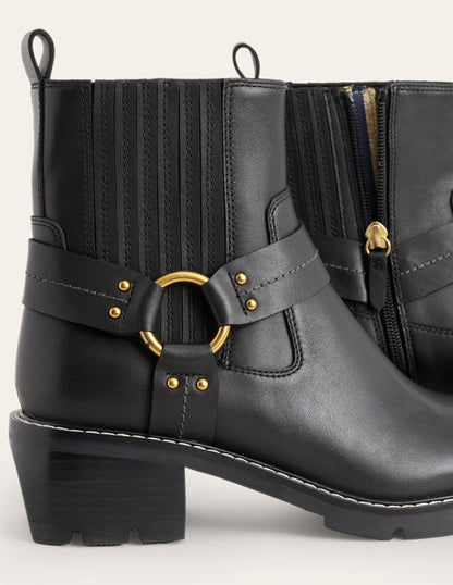 Harness Detail Biker Boots-Black Leather