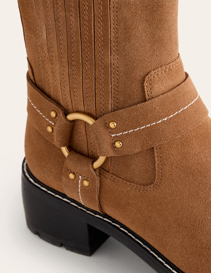 Harness Detail Biker Boots-Tan Suede